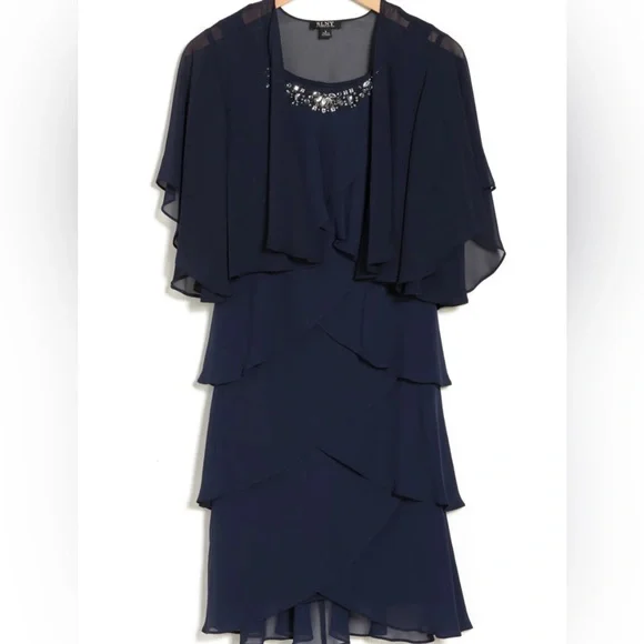 💙 SLNY SL Fashion New York Embellished Navy Tiered Chiffon Dress & Capelet  NWT - Picture 2 of 10